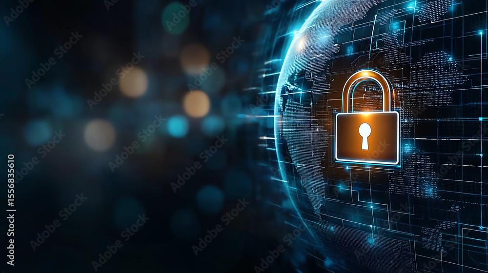 Poster abstract digital planet earth with glowing padlock symbolizing security and protection in connected 