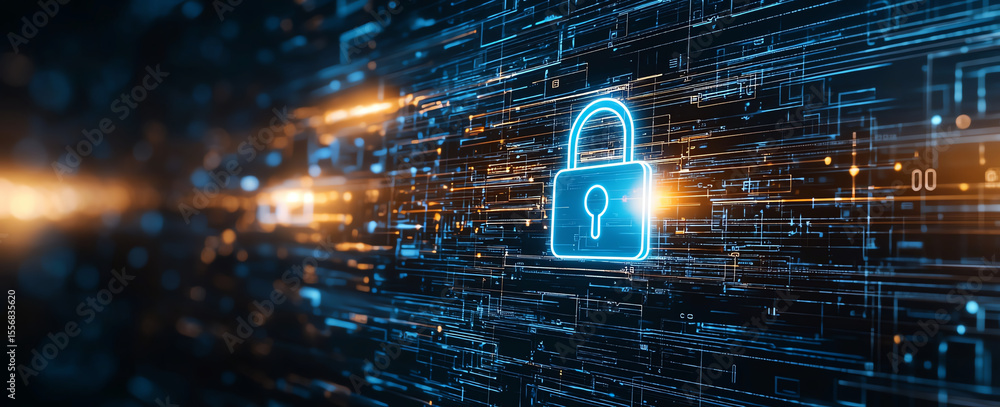 Poster abstract digital security background with blue padlock symbol, representing data protection and cybe