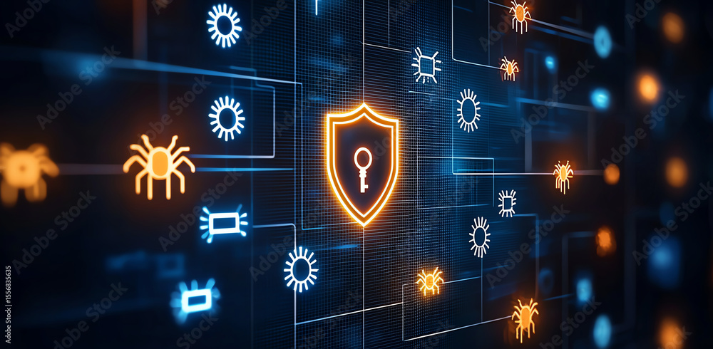 Poster abstract digital security background featuring icons of malware and central shield symbolizing prote