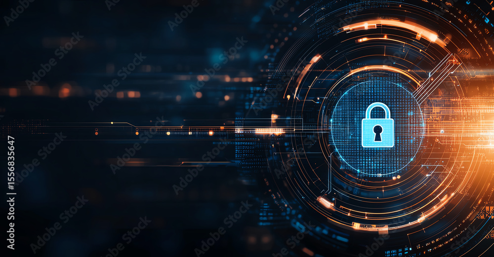 Poster abstract futuristic cybersecurity technology with digital lock symbolizing security and protection i