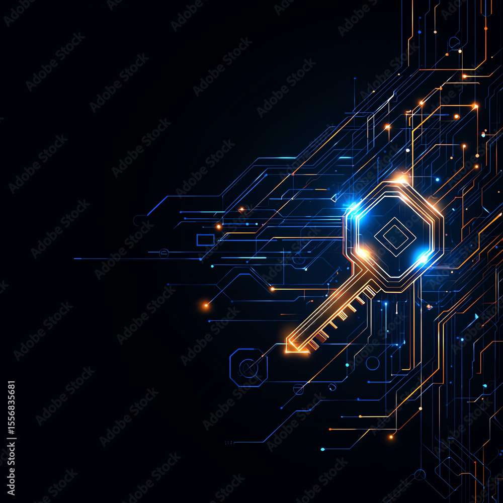 Poster abstract futuristic key security concept with glowing key design, representing digital protection an