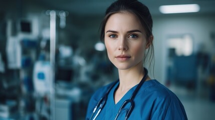 Fototapeta premium A portrait of a young European female nurse in scrubs, capturing her confidence and compassion in a hospital setting. Her dedication to patient care shines through.