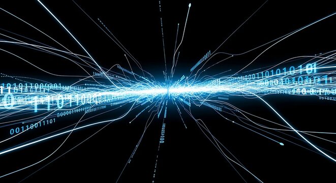 Abstract digital art, binary code streaks, radiating light, futuristic design.