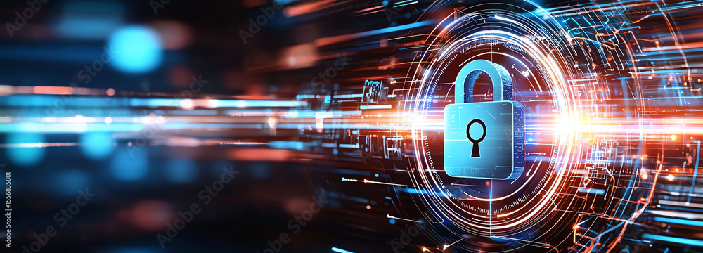Poster secure digital lock symbol on vibrant technology background, representing cybersecurity and data pro
