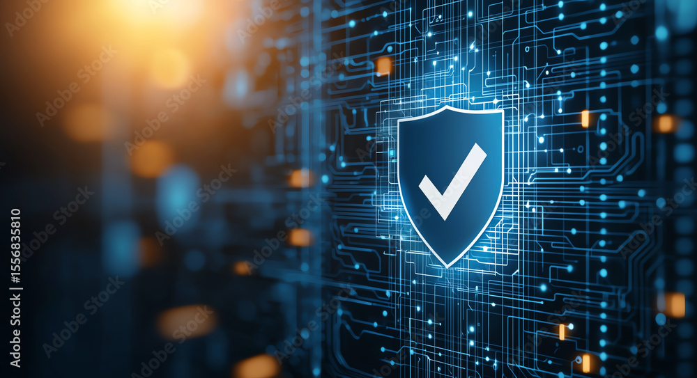 Poster digital shield icon with checkmark circuit board background, symbolizing cybersecurity and protectio