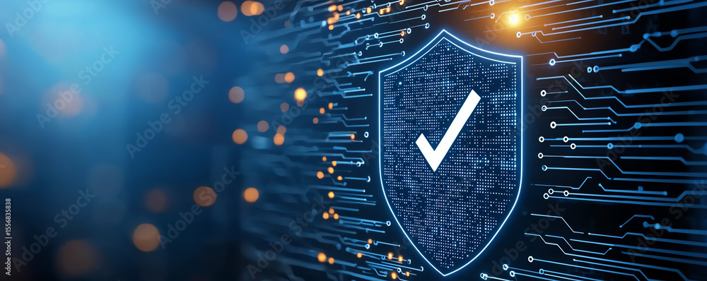 Poster Digital shield with check mark is displayed against blue background, symbolizing security and protection technological environment. design features circuit patterns and glowing elements