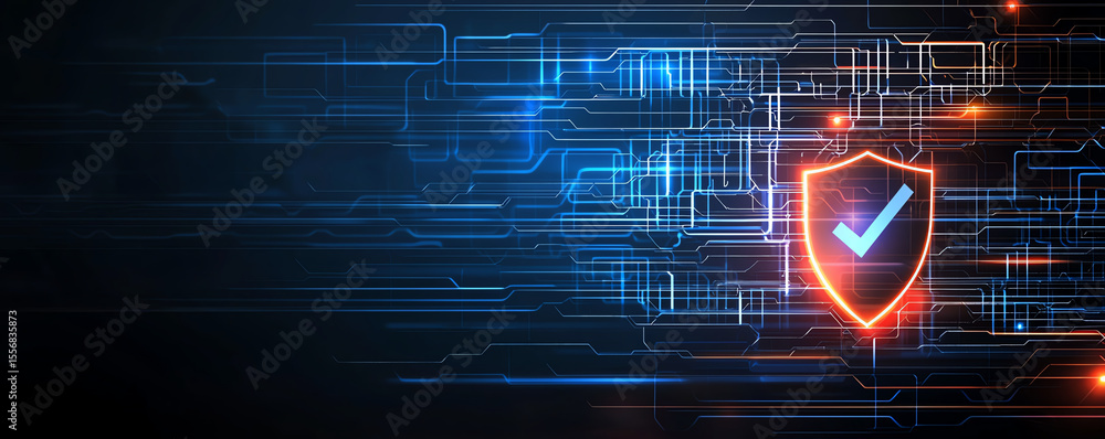 Poster digital shield with checkmark on blue background, symbolizing cybersecurity and protection. design f