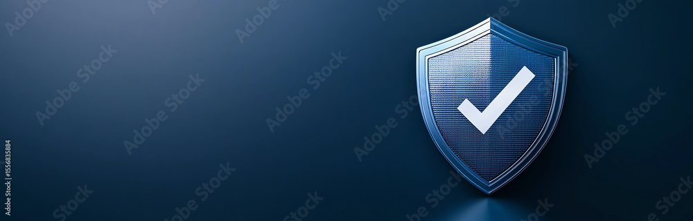 Poster blue security shield with prominent checkmark symbolizes protection and trust. this design conveys s