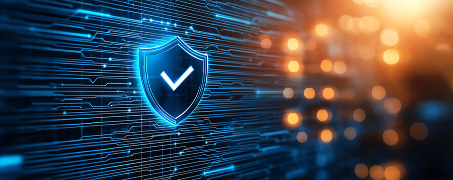 Blue background features glowing shield with checkmark, symbolizing security and protection in digital environment. design conveys sense of trust and safety