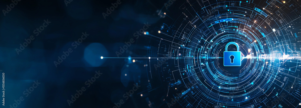 Poster secure digital lock symbolizing cybersecurity and data protection, surrounded by network of glowing 