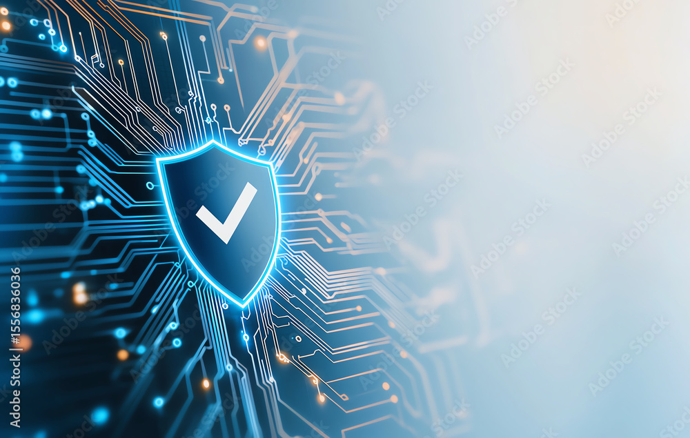 Poster secure shield symbol on digital circuit background represents cybersecurity and data protection. thi