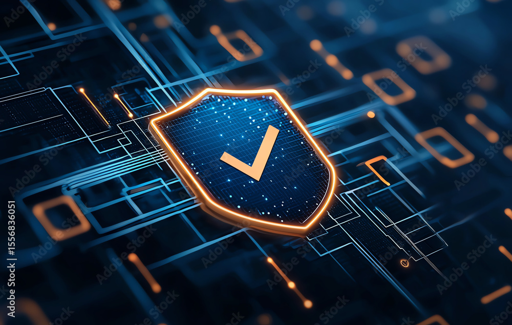 Poster digital shield symbolizing cybersecurity protection, featuring check mark, represents technology and