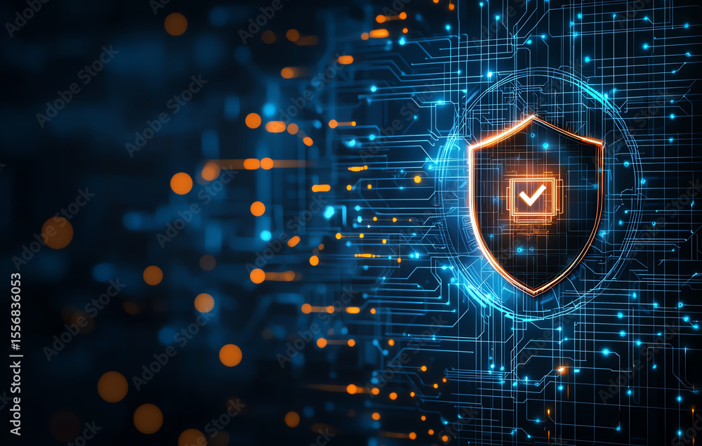 Poster cybersecurity protection technology concept featuring digital shield symbolizing security and trust.