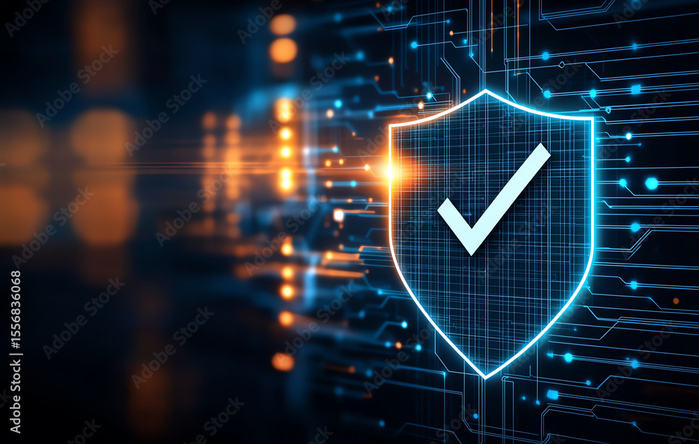 Poster cybersecurity shield with checkmark symbolizes protection and trust in digital environments, showcas