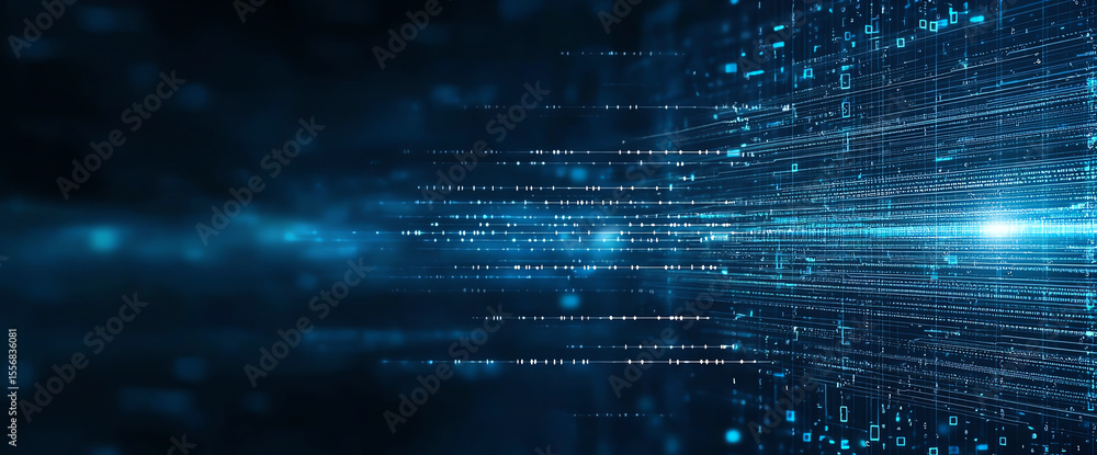 Poster digital data streams create mesmerizing visual of technology and innovation, showcasing vibrant blue