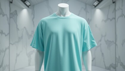A turquoise t-shirt displayed on a mannequin inside a bright modern studio
