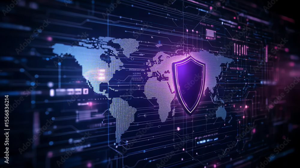 Poster digital blue background featuring world map with glowing digital shield symbol, representing cyberse