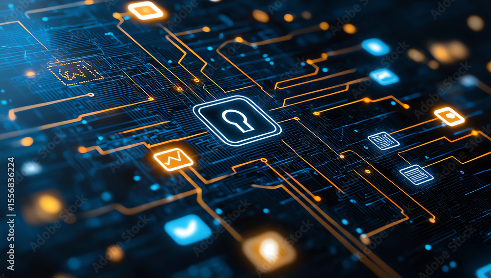 Poster digital illustration of cybersecurity concept featuring central lock symbol surrounded by various ic