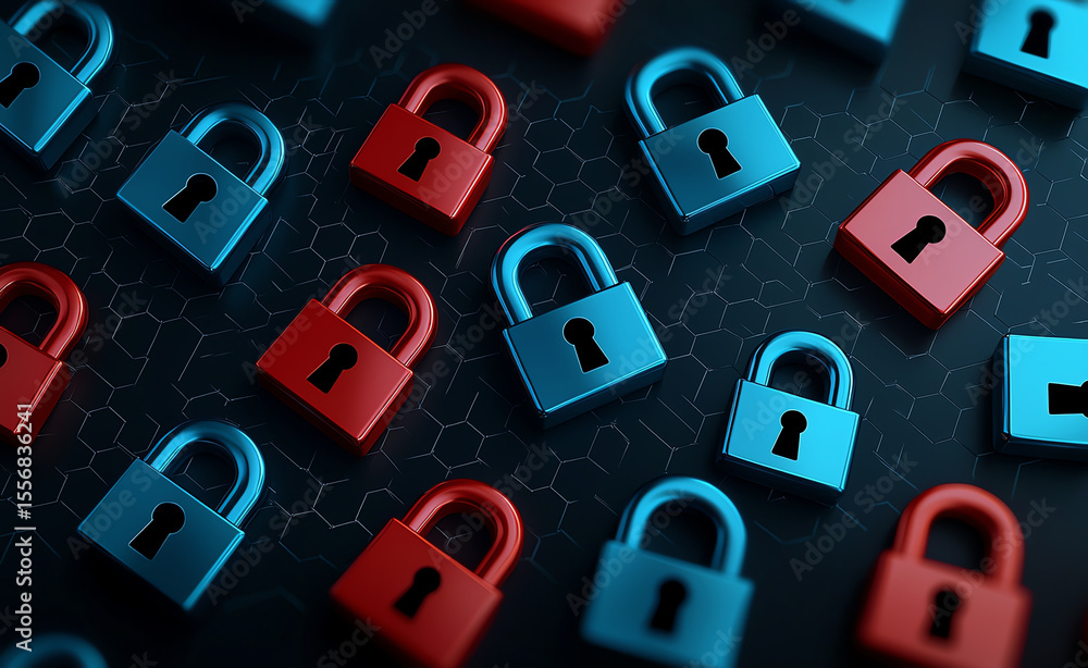 Aufkleber digital illustration of security concept featuring blue and red padlocks arranged in pattern on dark