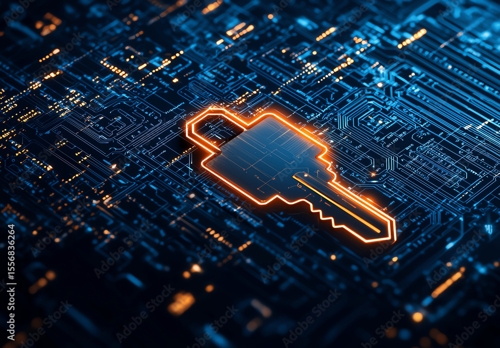 Poster digital illustration of key symbolizing security, set against backdrop of intricate circuit patterns