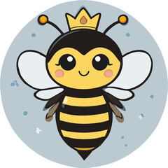 Cute Queen Bee Cartoon with Crown – Kawaii Honeybee Character Illustration in Circle Badge
