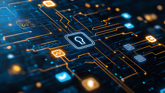 Digital illustration of cybersecurity concept featuring central lock symbol surrounded by various icons representing data and communication. This conveys importance of security in digital world