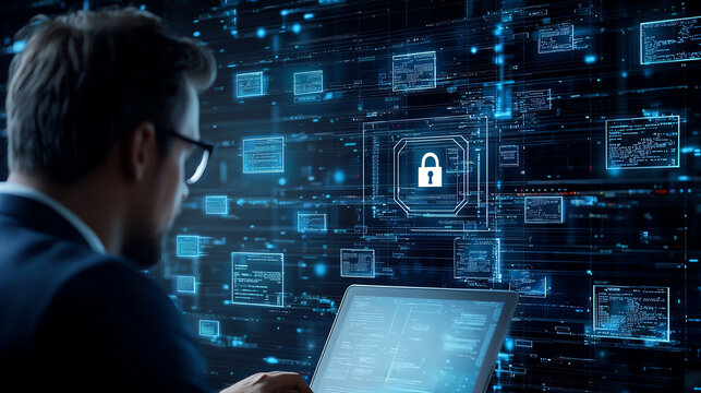 Digital cybersecurity and cyber protection concept featuring professional analyzing data laptop, surrounded by digital security graphics and lock symbols, conveying sense of vigilance and safety