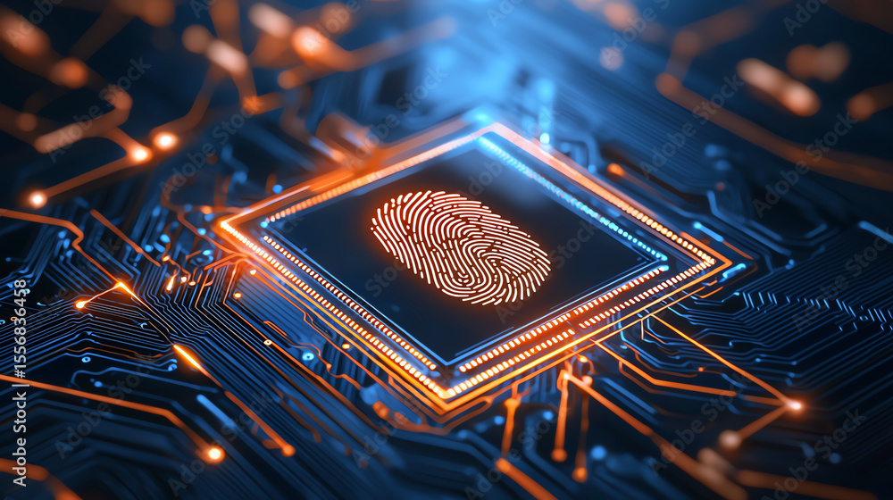 Poster biometric security technology features fingerprint on microchip, showcasing advanced circuitry and g