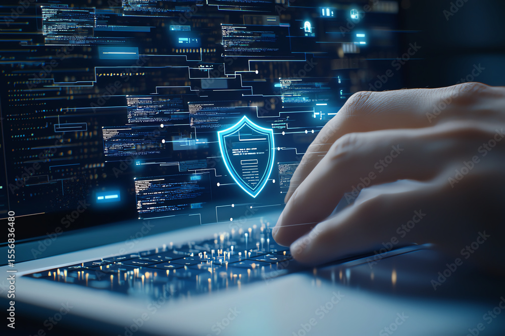 Poster fingertip typing on laptop keyboard with virtual shield symbolizing cybersecurity and data protectio