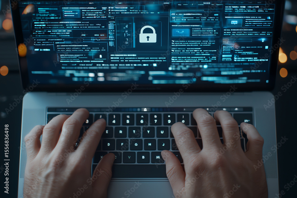 Poster futuristic digital security concept with hands typing on laptop keyboard, displaying screen filled w
