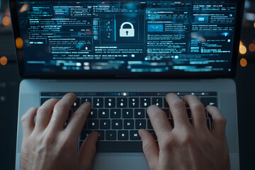 Futuristic digital security concept with hands typing on laptop keyboard, displaying screen filled with data and padlock symbol, emphasizing cybersecurity and technology
