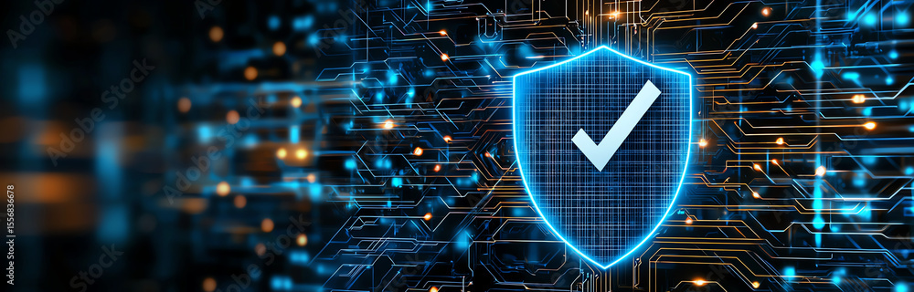 Poster digital illustration featuring blue shield with check mark, symbolizing security and protection tech