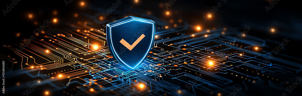 Aufkleber digital illustration of blue shield with check mark, symbolizing security and protection technologic