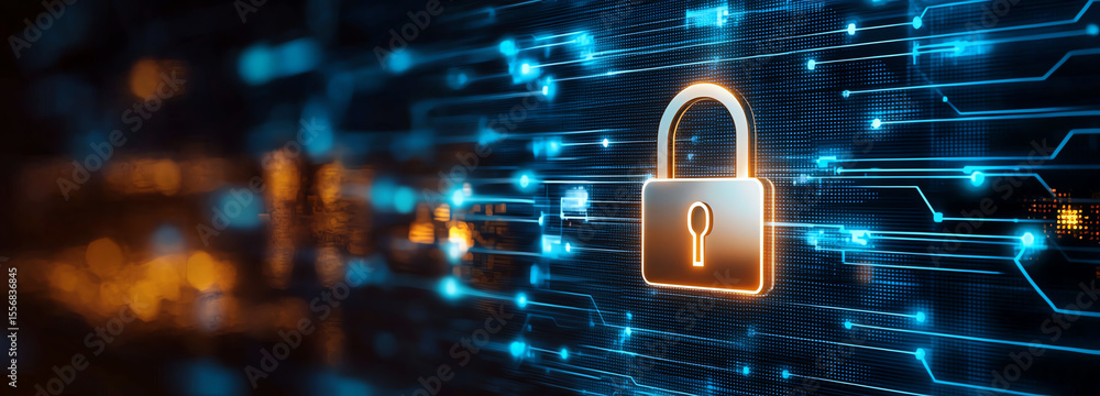 Aufkleber digital lock symbol on blue background represents security and technology, surrounded by glowing cir