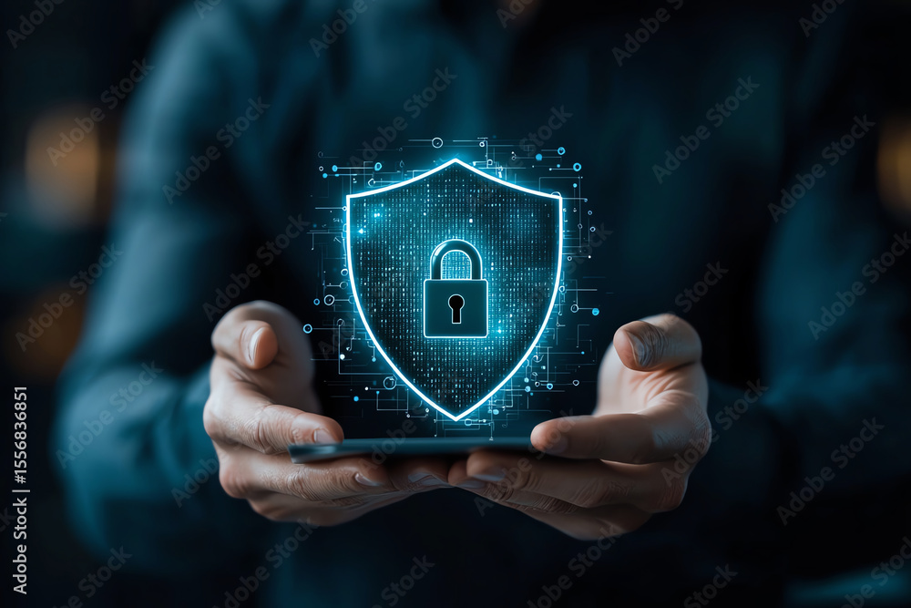 Poster businessman holds smartphone displaying digital shield symbolizing cybersecurity and protection. ima