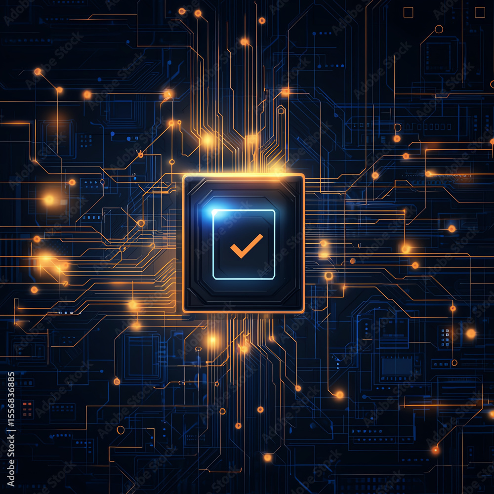 Poster glowing power button on circuit board symbolizes technology and innovation, surrounded by intricate 