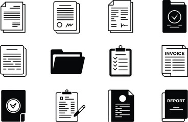 Black and White Document Icons Set Business Report Checklist Invoice Folder