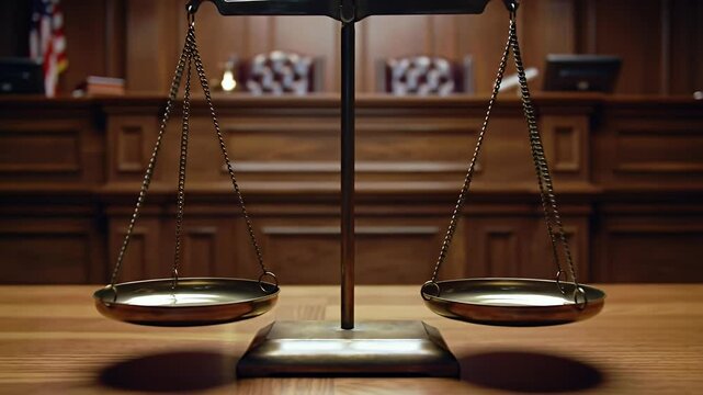 Courtroom scene with scales of justice, wooden paneling in the background