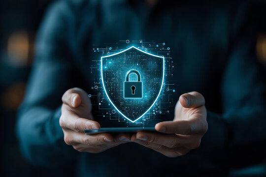Businessman holds smartphone displaying digital shield symbolizing cybersecurity and protection. image conveys sense of security and innovation in technology
