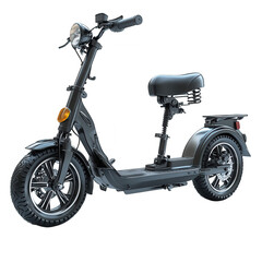 Sleek black electric scooter with a comfortable seat and robust tires presented isolated on transparent background