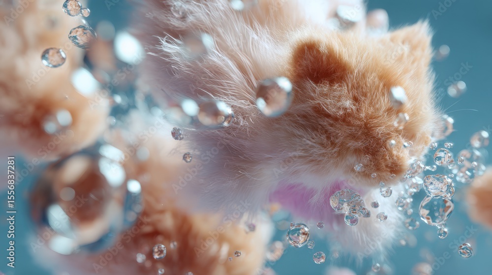Poster a cat is floating in a pool of water with bubbles. the cat is brown and white. the bubbles are scatt