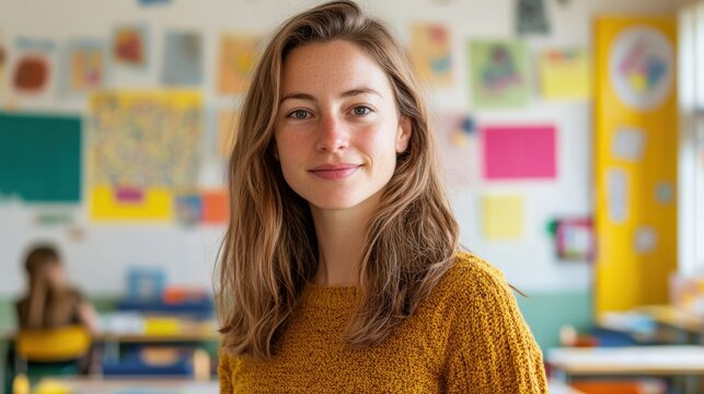 A young European female teacher poses confidently in a colorful classroom, showcasing a warm smile and inviting atmosphere perfect for learning and creativity.