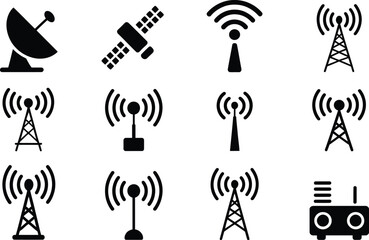 Black Wireless Communication Icons Set Satellite Antenna Wifi Tower