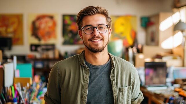A portrait of a young male graphic designer smiling in his studio, surrounded by art supplies and colorful designs, showcasing creativity and passion for his work.