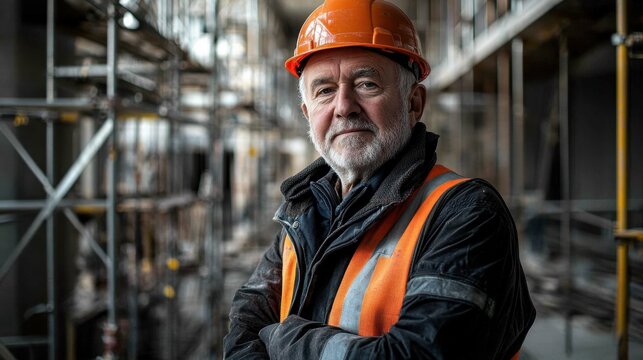 An older man in work attire stands confidently on a construction site. His safety helmet and vest signify his experience in the industry.