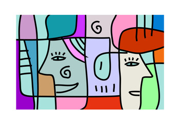  abstract illustration featuring multiple intertwined faces or facial elements