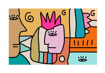  abstract illustration featuring multiple intertwined faces or facial elements