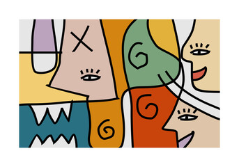  abstract illustration featuring multiple intertwined faces or facial elements