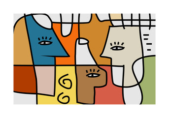 abstract illustration featuring multiple intertwined faces or facial elements