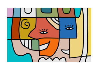 abstract illustration featuring multiple intertwined faces or facial elements